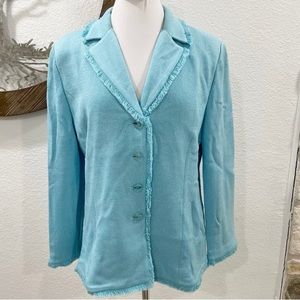 St. John Wool Blend Knit Blazer Jacket Fringe Light Teal 14 + FREE Tank